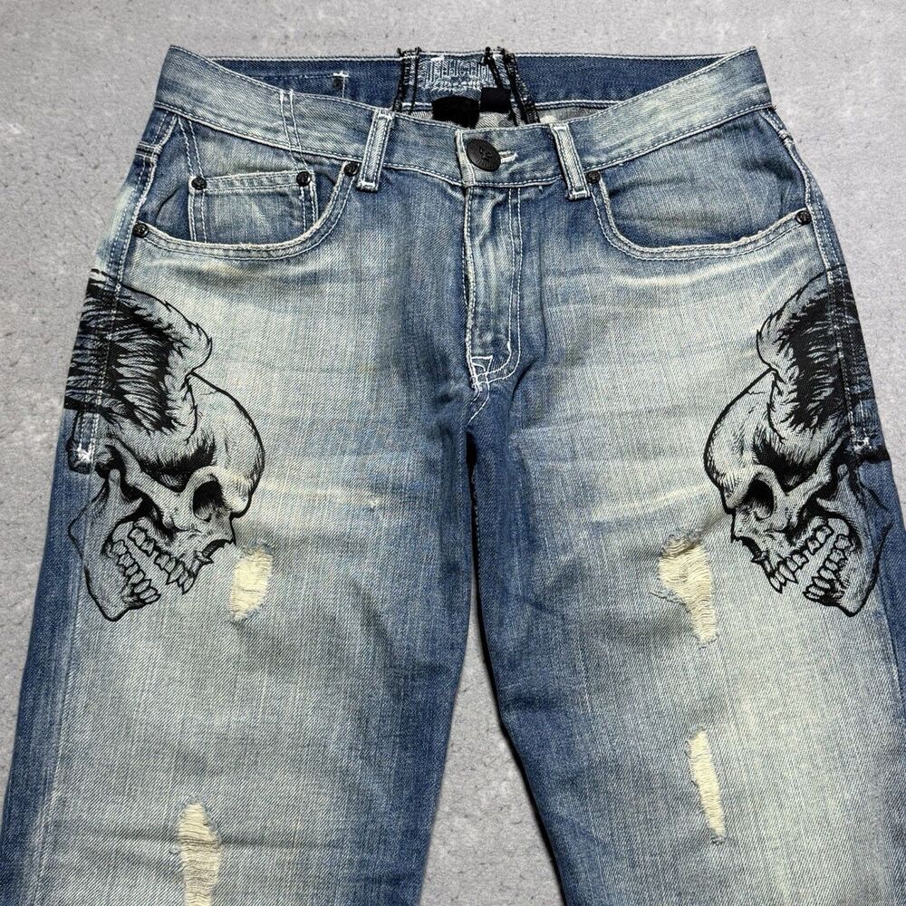Vintage Affliction Jeans Mens 32x32 Blue Skulls Embroidered Grunge Y2K Rare